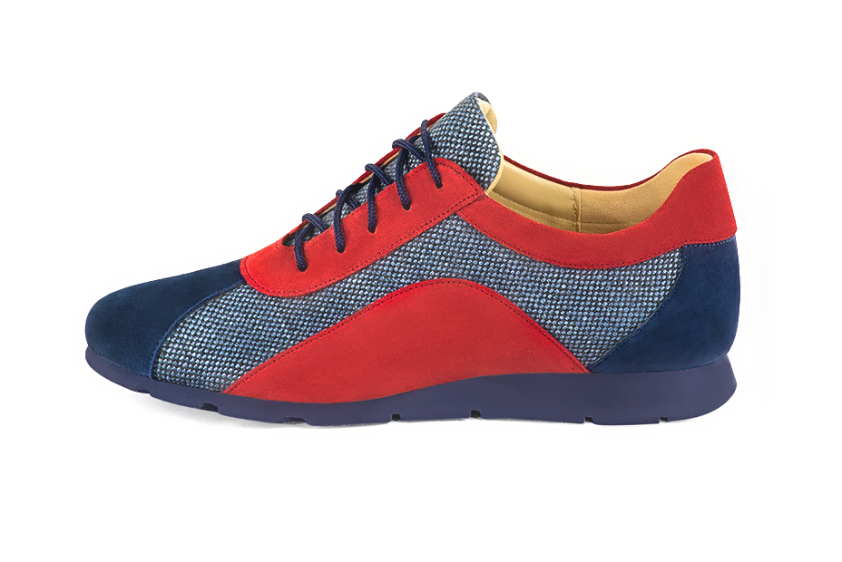 Navy blue and scarlet red women's open back shoes. Round toe. Flat rubber soles. Profile view - Florence KOOIJMAN